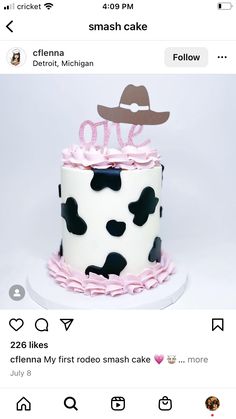 the cake is decorated with black and white polka dots, pink ruffles, and a cowboy hat