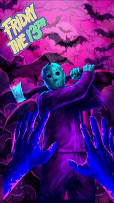 a poster for friday the 13th with an image of a man in a purple suit