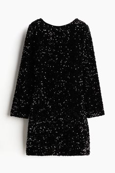 Short  fitted dress in sequined jersey. Boat neck at front  round  low-cut neckline at back  gently dropped shoulders  and long sleeves. Short Fitted Dress, Sequined Dress, Party Dresses For Women, Boat Neck, Sequin Dress, Fitted Dress, Low Cut, Black Women, Party Dress