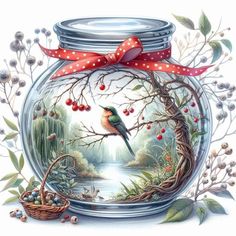 a painting of a bird sitting on a branch in a jar filled with water and berries