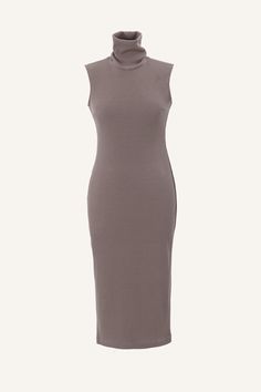 Halter midi dress with high neck. FABRIC & DETAILS Material: 97% Cotton 3% Elastin Stretchy fit Turtle neck Sleeveless Model is 178cm wearing size XS/S. Dark Beige color Dark Beige Color, Turtle Neck Sleeveless, Dress With High Neck, Dress Night Out, Dress Sketches, Halter Midi Dress, Silk Knit, Dark Beige, Night Out Dress