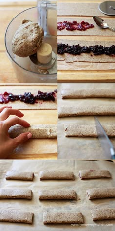 the process for making cranberry danish bread is shown in four different stages, including being rolled up and sliced