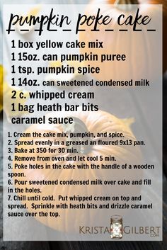 a recipe for pumpkin poke cake on a table