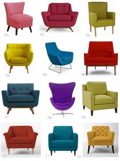 the different types of chairs and couches are shown in various colors, sizes and shapes