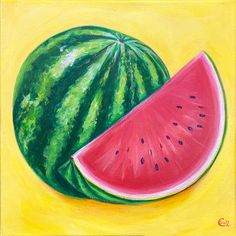 a painting of watermelon on a yellow background