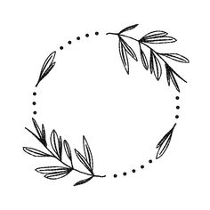 a black and white drawing of leaves in a circle with dots on the bottom half