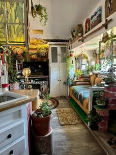 a living room filled with lots of plants and furniture next to a kitchen counter top