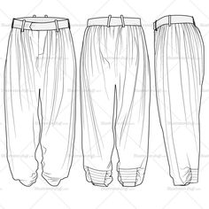 three men's pants with pleaing on the bottom and side, front and back views