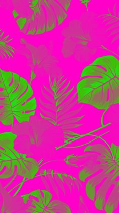 a pink and green background with leaves