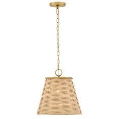 a light fixture with a woven shade hanging from it's side, against a white background