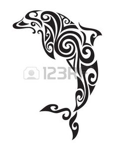 the silhouette of a dolphin with decorative patterns on it's body, in black and white