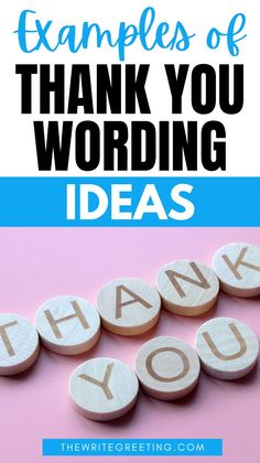 the words thank you are written in wooden letters on pink background with blue and white border