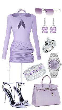 a woman's purple outfit and accessories including shoes, watch, bracelets, purse