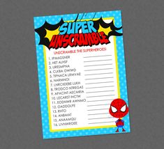 a printable spider - man scramble game is shown on a gray background with blue and yellow polka dots