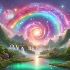 a painting of a rainbow swirl in the sky over a lake with waterfalls and trees