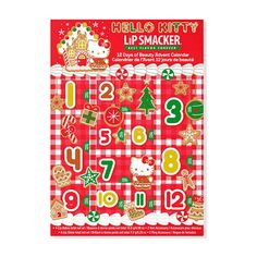 a red and white christmas themed sticker sheet with numbers, symbols, and decorations