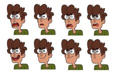 various facial expressions in the form of a man with brown hair, glasses and green shirt