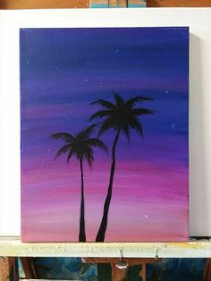 an acrylic painting of two palm trees against a purple and blue sky