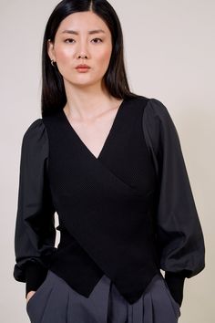 Black contrast satin sleeved top_1 Elegant Black V-neck Long Sleeve Top, Elegant Fitted V-neck Long Sleeve Top, Black V-neck Top For Workwear In Fall, Black V-neck Top For Fall Workwear, Elegant Fitted Long Sleeve Top With Sheer Sleeves, Elegant V-neck Tops With Sheer Sleeves, Chic Black Long Sleeve Top With Sheer Sleeves, Elegant Fitted Long Sleeve Top For Work, Elegant Long Sleeve Top With Sheer Sleeves For Party