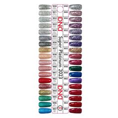 Tabla de colores DND Conjunto completo # 401-782 (379 colores) Dnd Nail Colors Gel Polish, Nail Colors Gel Polish, Dnd Nail Colors, Overlay Nails, Dnd Gel Polish, Glitter Overlays, Glitter Gel Polish, Amazing Nails, Overlay Top