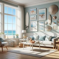 a living room filled with lots of furniture and pictures on the wall next to a window