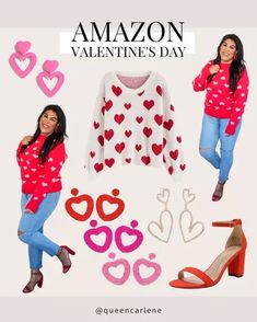 These Valentine's Day outfit essentials are great for the office, school, or just everyday! Shop these heart pattern sweaters, heart shaped earrings, and comfy block heels through my shopfront above, and follow me here on Pinterest for more affordable Amazon fashion finds for Valentine's Day and more.