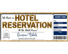 a hotel reservation ticket is shown in gold glitter