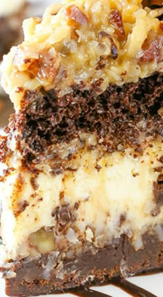 a close up of a piece of cake on a plate with chocolate and pecans