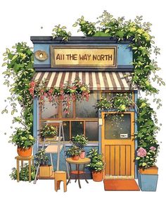 an illustration of a restaurant with potted plants on the front and side windows that say all the way north