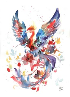 a watercolor painting of a bird with colorful flowers on it's body and wings