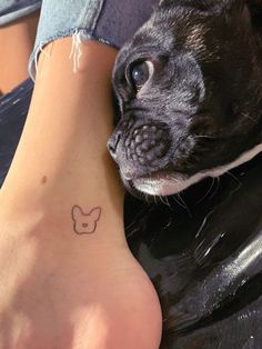 a small dog is sitting next to a woman's foot with a cat tattoo on it