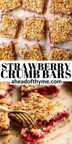 strawberry crumb bars are stacked on top of each other and ready to be eaten