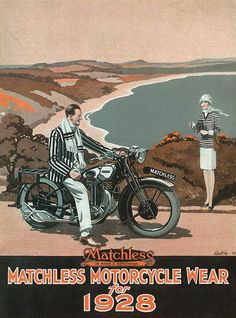 an advertisement for the matchless motorcycle wear, featuring a man and woman on a motorbike