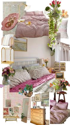 a collage of pink and white bedroom decor with flowers on the headboard, bedding