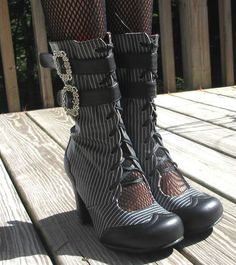 TUK STEAMPUNK Pinstripe Neo-Victorian Open Ghillie GRANNY Boots Lace & Buckle | eBay Moda Steampunk, Steampunk Shoes, Mode Steampunk, Granny Boots, Glamour Vintage, Dr Shoes, Lady Like, Neo Victorian, Steampunk Accessories