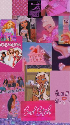 a collage of barbie dolls and other items in pink, purple and blue colors