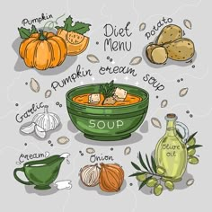 the ingredients for pumpkin cream soup are shown in this hand - drawn illustration, which includes pumpkins and other vegetables