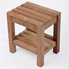 a small wooden table with one drawer on the bottom and two shelves below it, against a white background