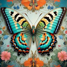 a colorful butterfly sitting on top of a blue and orange flowered wallpaper covered in butterflies