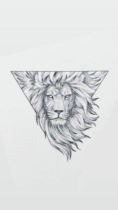 a black and white drawing of a lion's head with triangles in the background