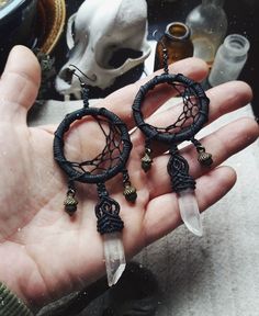 Dreamcatcher Earrings, Earrings With Crystals, Dream Catcher Earrings, Witchy Crafts, Crafts Room, Crescent Moon Earrings, Witch Jewelry, Witchy Jewelry, Micro Macrame