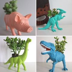 four different toy dinosaurs with plants growing out of their mouths, and one dinosaur holding a plant in it's mouth