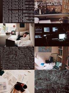 a collage of photos with writing on the wall and desks in front of them