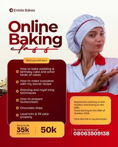 an advertisement for online baking with a woman wearing a chef's hat and holding her hands out