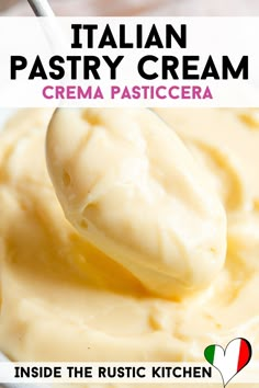 a spoon full of cream sitting on top of a white plate with the words italian pastry cream