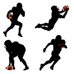 the silhouettes of football players are shown in three different positions, including one running