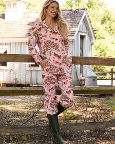 Run the roost in Hen House petite pjs. Good to know: Made from 100% organic cotton poplin. Wash, wear & repeat. This set gets softer with every cycle. Lovingly designed in Philadelphia then crafted by artisans in India. Yay for pants pockets! Tender, love & care: Launder on delicate with like colors. Tumble dry on low heat. Press lightly for a fancy look. Shop all Hen House Pajamas. Fit & sizing: Mid rise with elastic waistband and drawstring. Relaxed fit top that’s roomy & chic all at the same Pink Floral Print Lounging Set, Pink Printed Sleepwear, Spring Pink Floral Print Sleepwear, Pink Printed Relaxed Fit Sleepwear, Summer Pjs, Pink Cotton Sleepwear With Character Print, Satin Set, Summer Pajamas, Fancy Cats