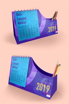 two desk calendars with pens and pencils in them, one is blue and the other is purple