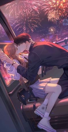 a man and woman kissing while sitting in a car with fireworks in the sky behind them