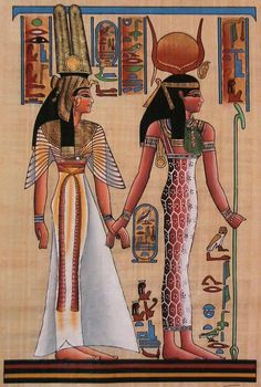 an egyptian painting with two women holding hands